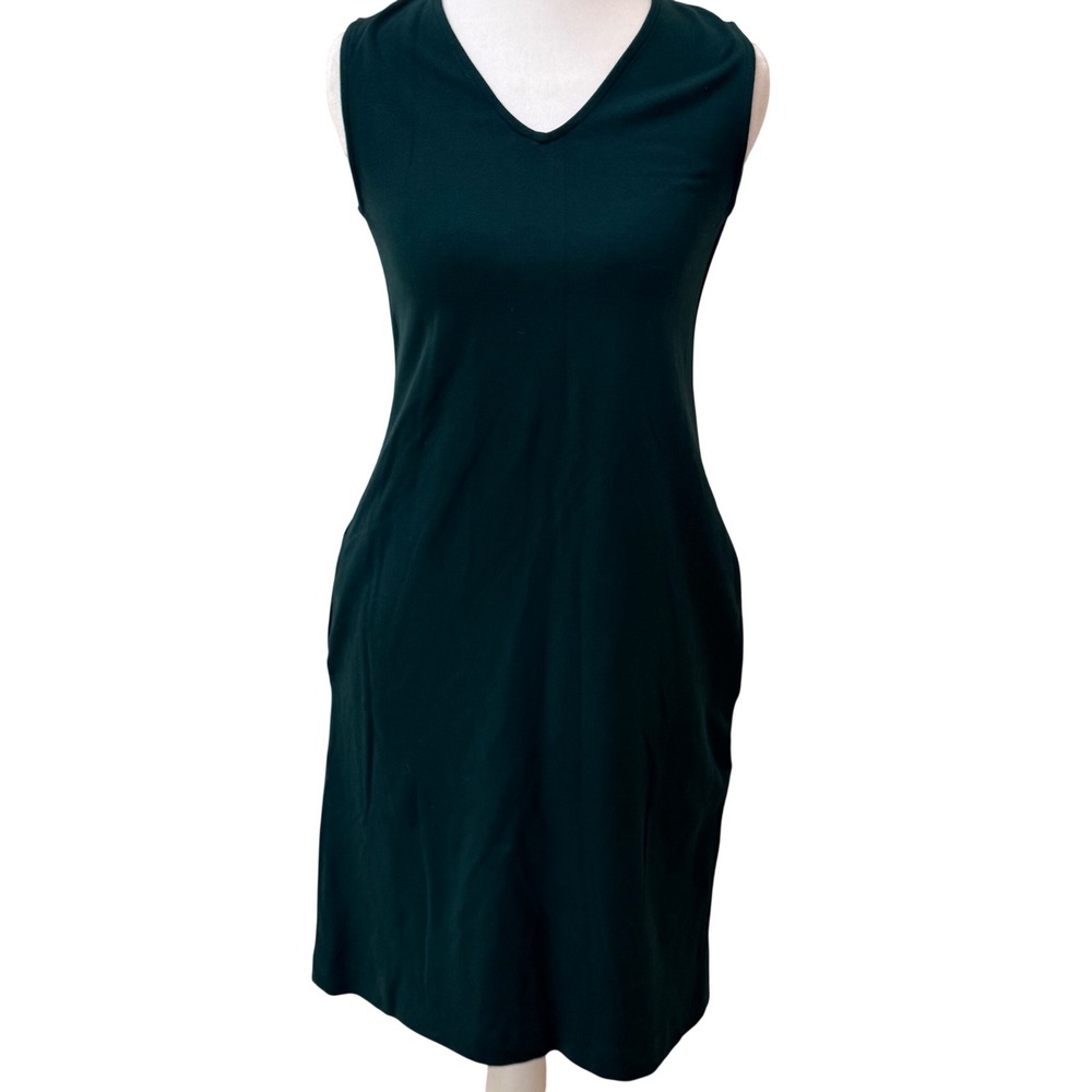 Lands End Womens Sz 2 Green Ponte Knit V-Neck Sleeveless Sheath Dress Pockets - Picture 2 of 16